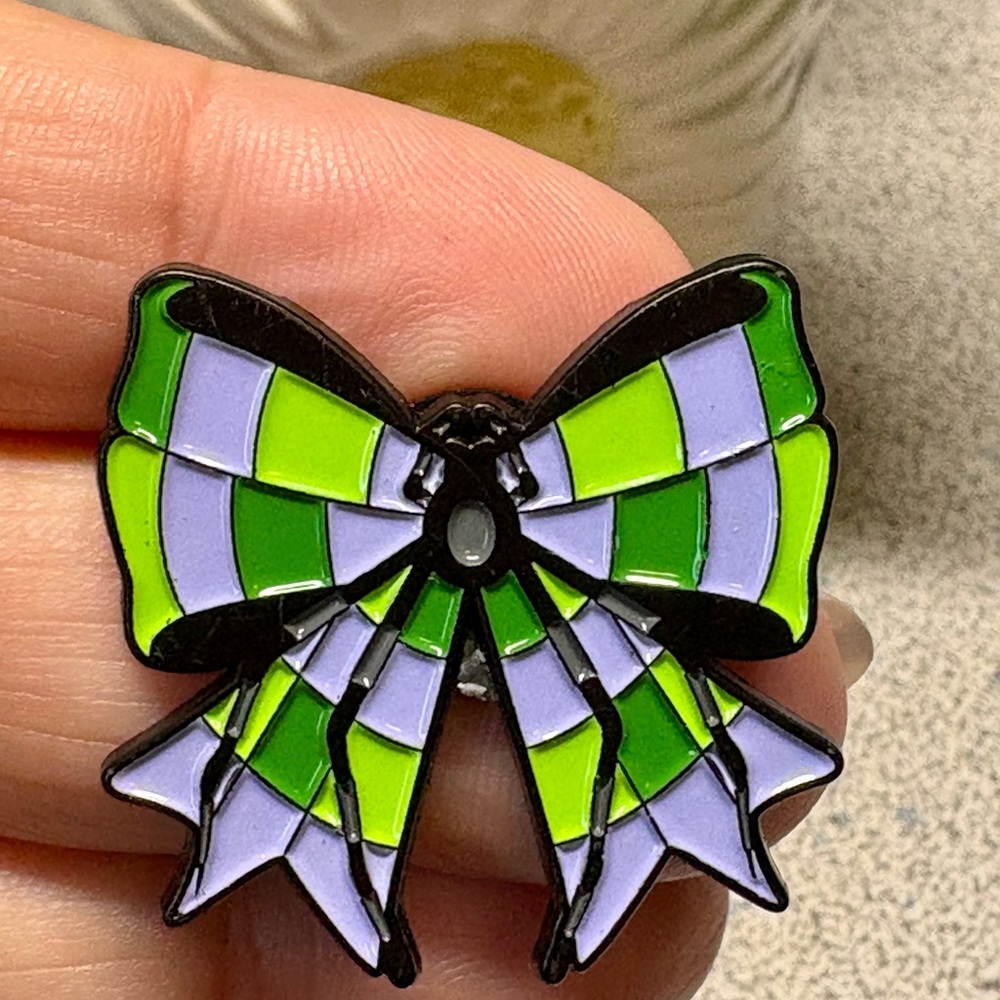 Adorable Green and Purple spider web Bow Pin